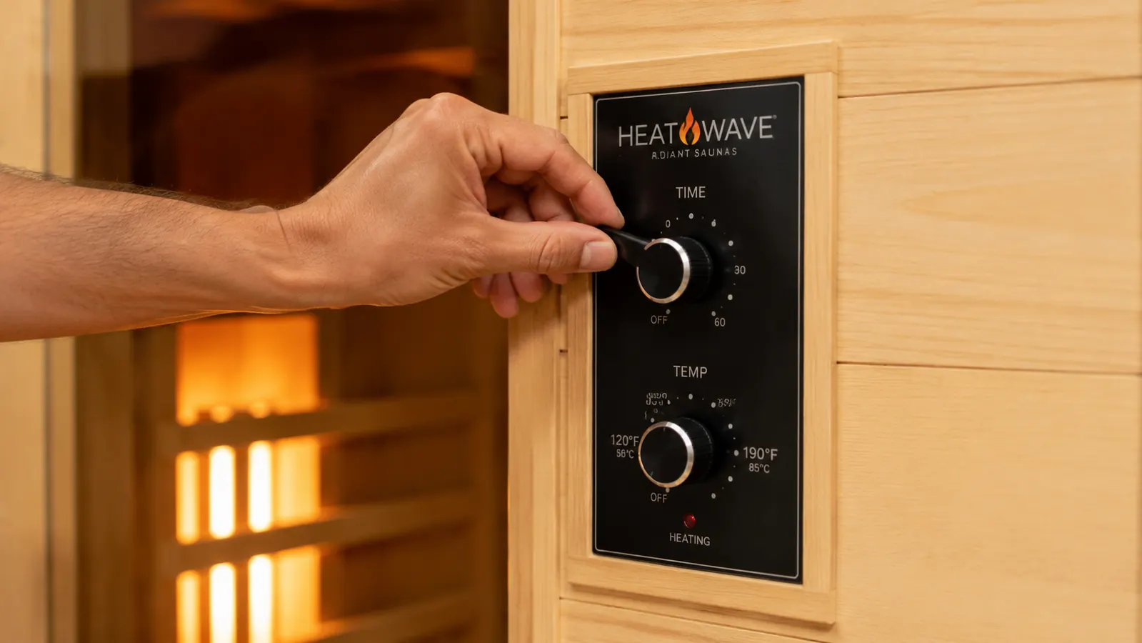 Hand adjusting the control panel on the infrared cabin sauna, setting the timer before a session