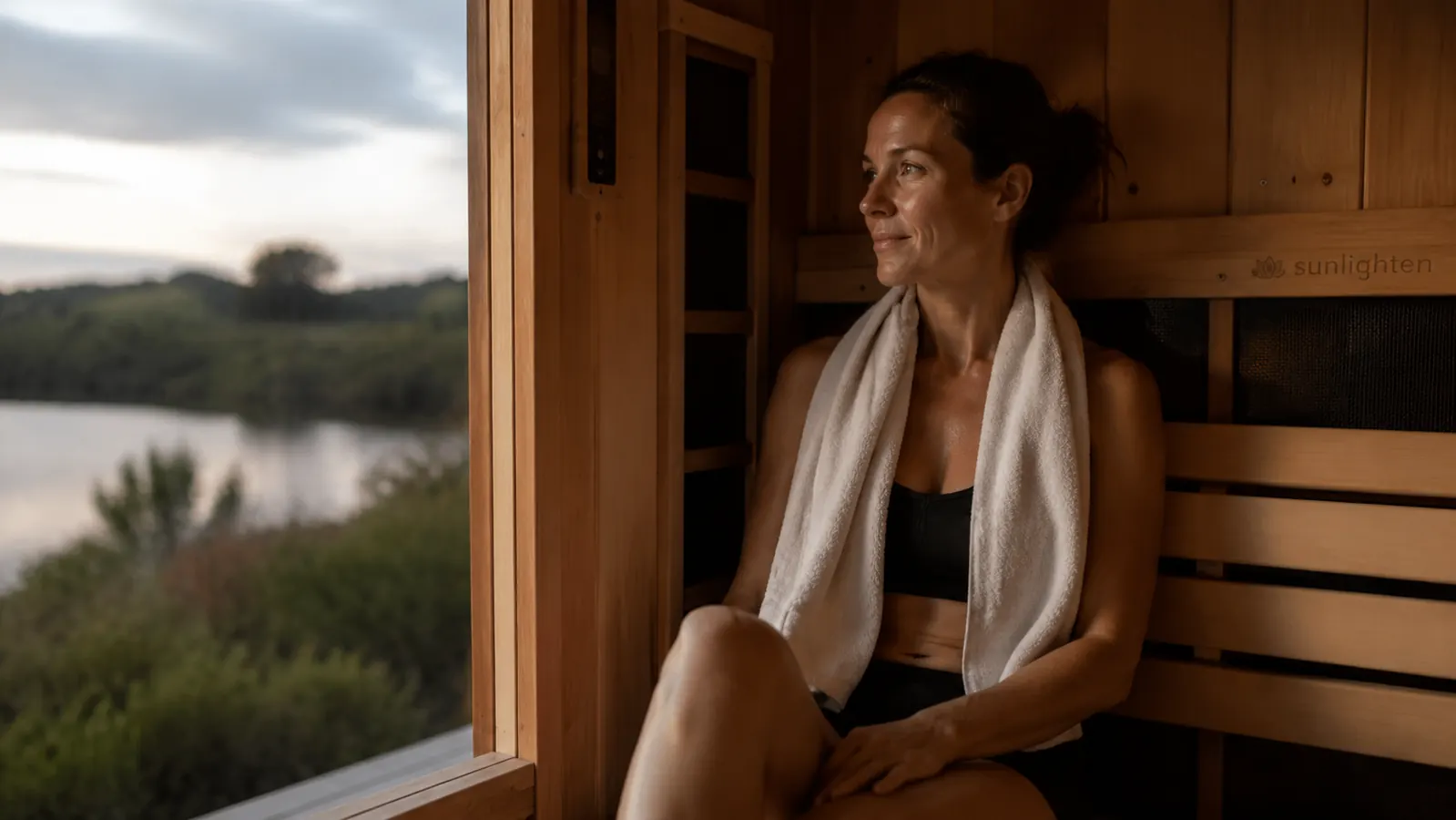 Person sitting relaxed inside the infrared cabin sauna with the door cracked open, towel over their shoulders