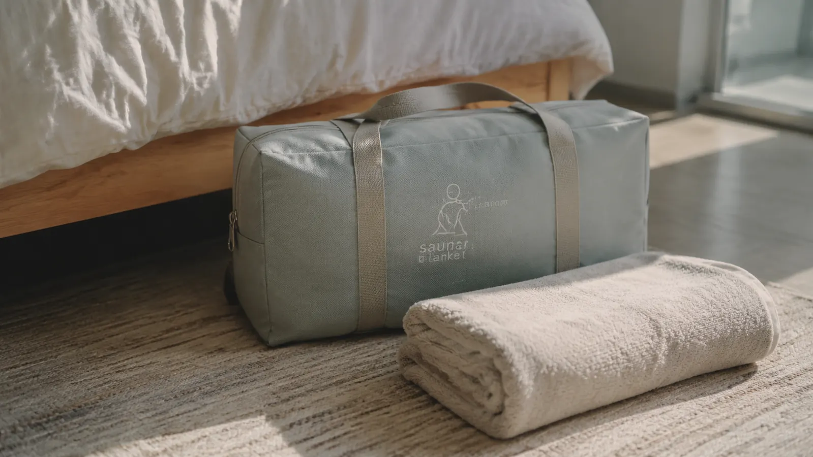 Folded infrared sauna blanket in its carry bag next to a towel, ready to store under a bed