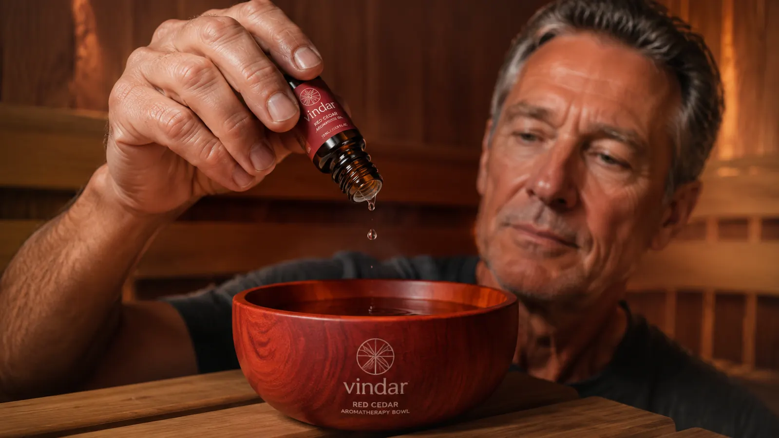 Hand adding a few drops of eucalyptus essential oil into a red cedar aromatherapy bowl already filled with water