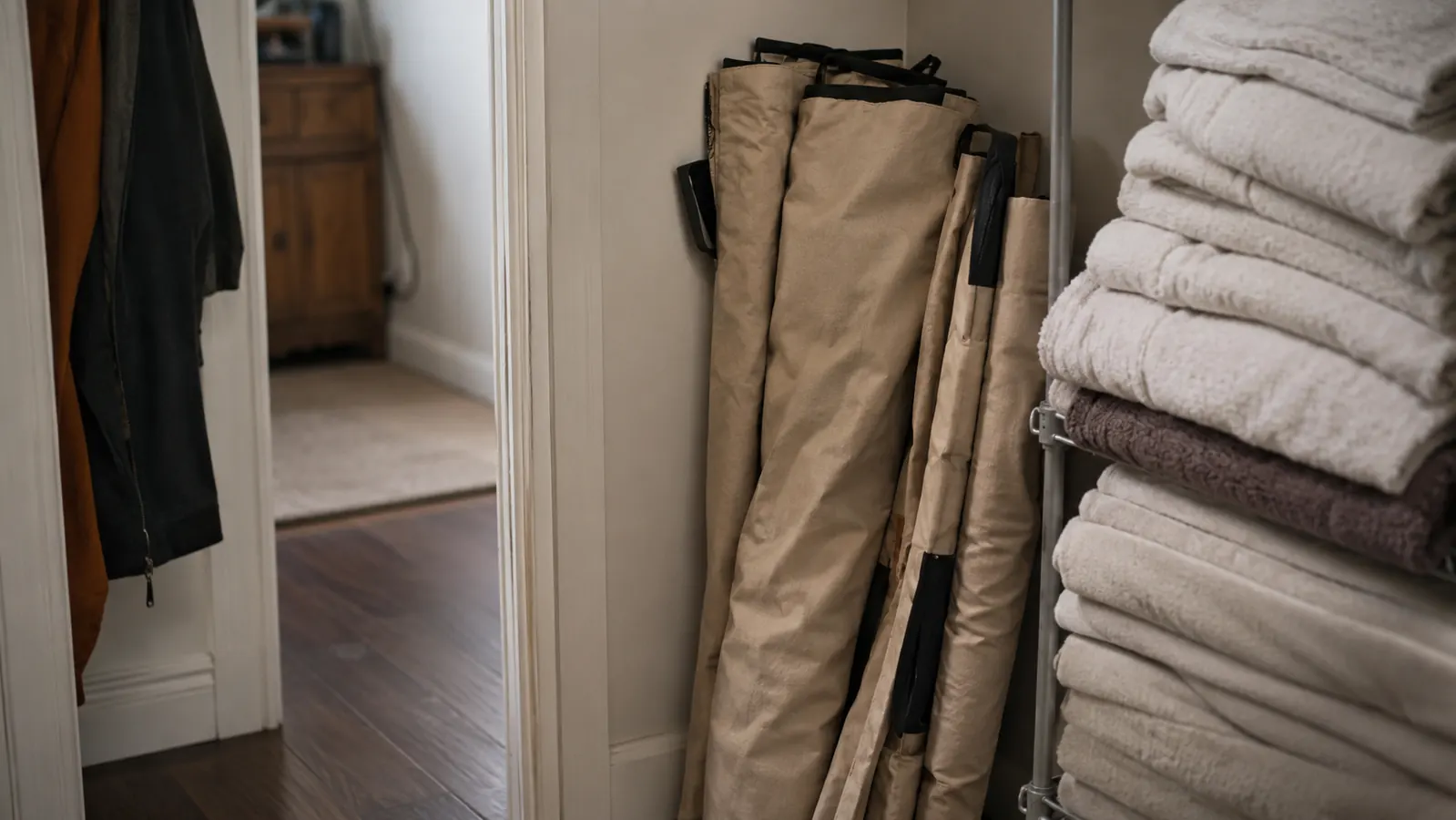 Folded Durasage sauna tent and chair stored in a closet next to towels