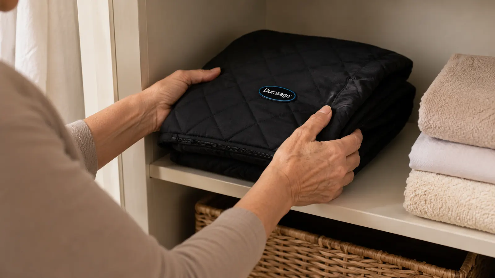 Hands folding the portable sauna down into its small carry bag for storage in a closet