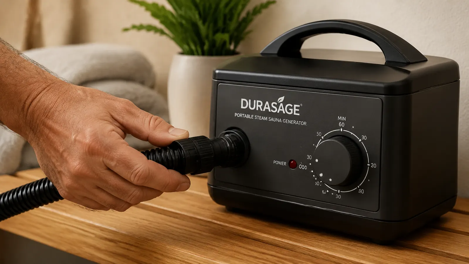 Hand adjusting the steam hose connection on the Durasage portable sauna's steam generator unit