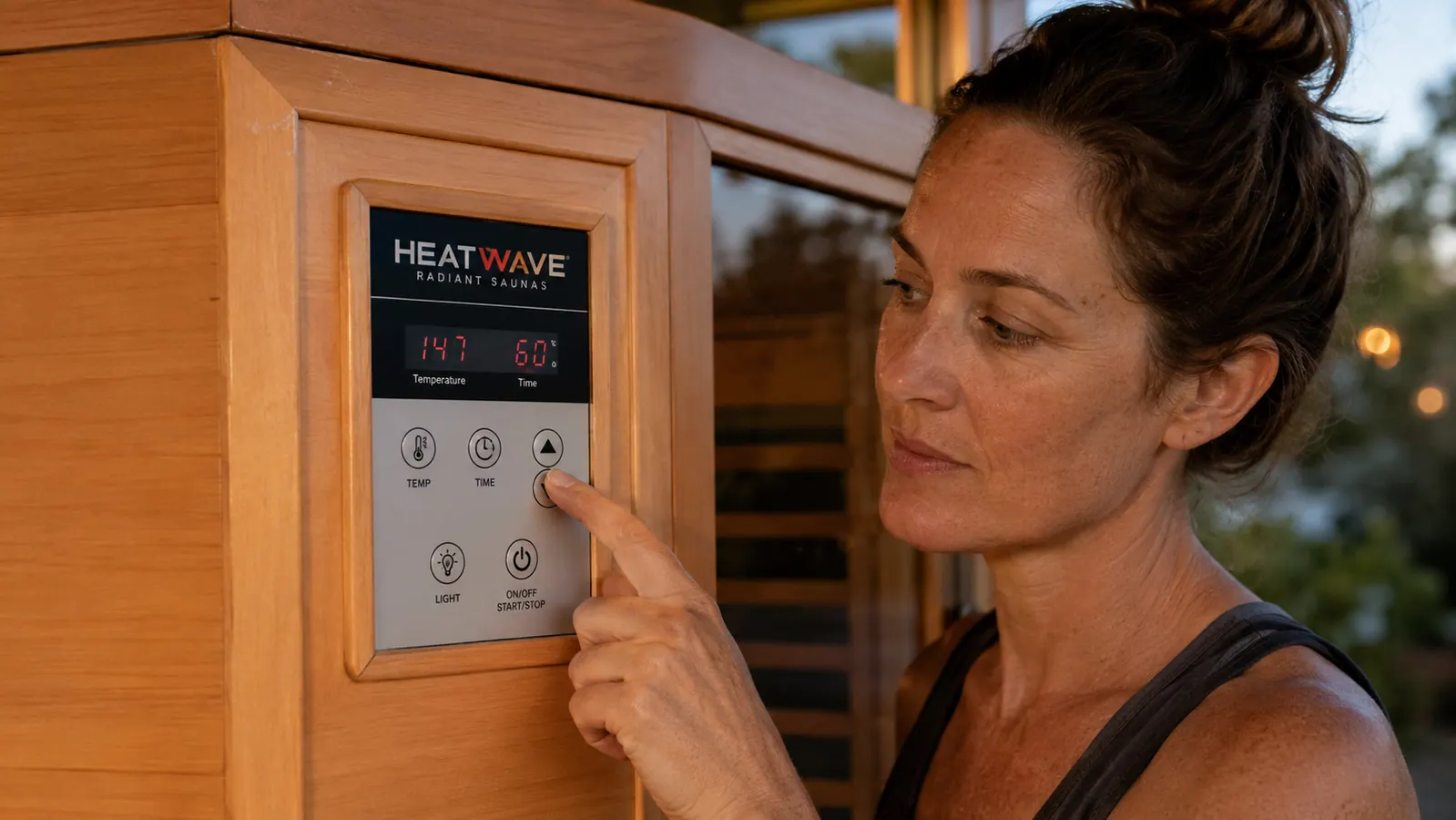 Close-up of a hand pressing a button on the exterior control panel of the Heat Wave Harmony Deluxe cabin sauna with a small scuff visible near the corner