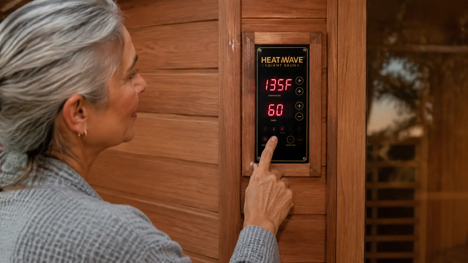 Tall man ducking slightly to step through the glass door of the Heat Wave cabin sauna on a covered deck