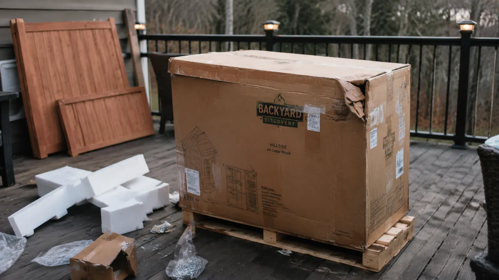 Open cardboard shipping crate with a visible dent and packing foam beside partially assembled sauna wall panels on a deck