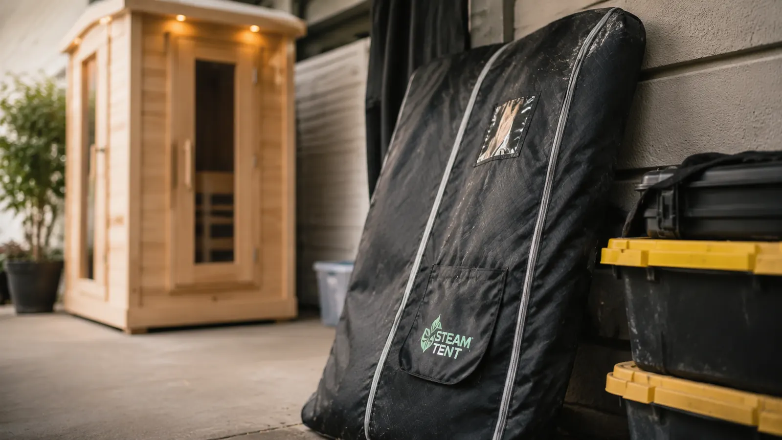 Vinyl portable steam tent folded and pushed against a wall next to boxes, replaced by a permanent cabin sauna