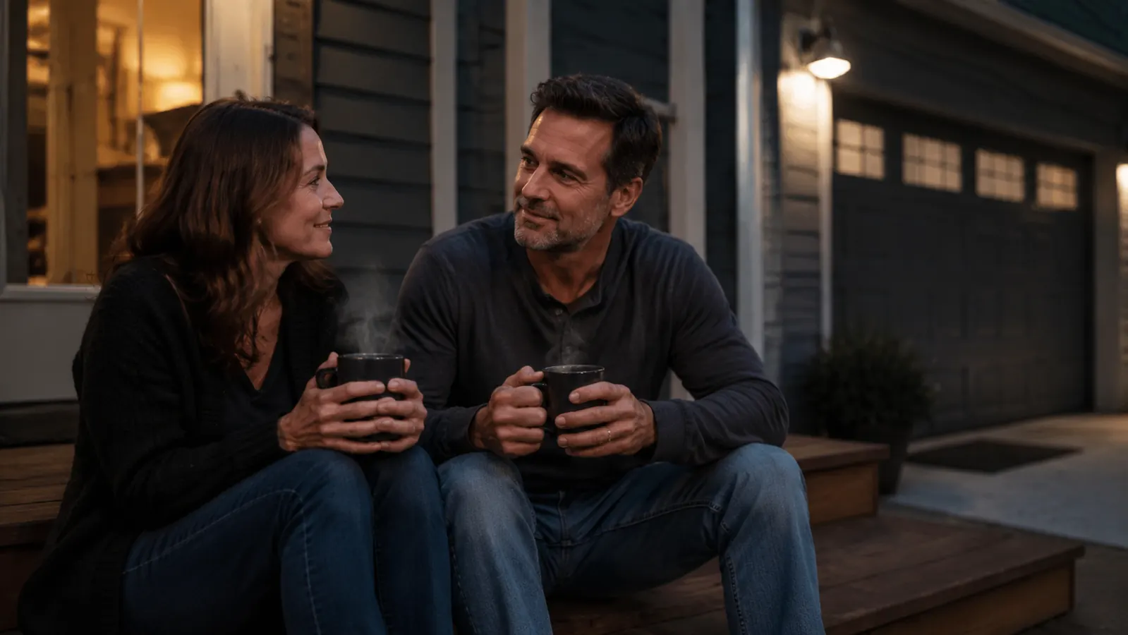 Two people sitting on porch steps in comfortable clothes with mugs of tea after an evening sauna session