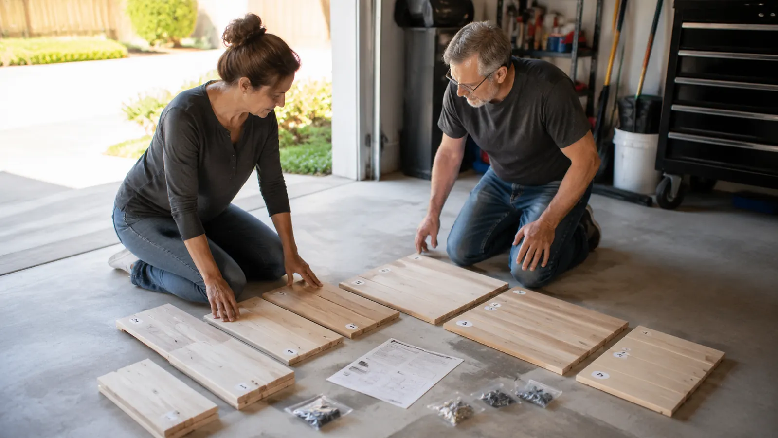 Two people laying out numbered cedar wall panels on a garage floor before assembling the infrared cabin sauna