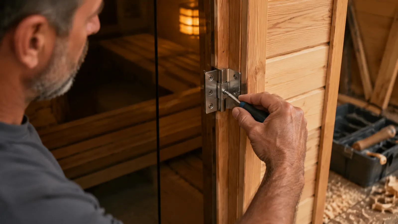 Hand aligning the tempered glass door hinge on the infrared cabin sauna during assembly