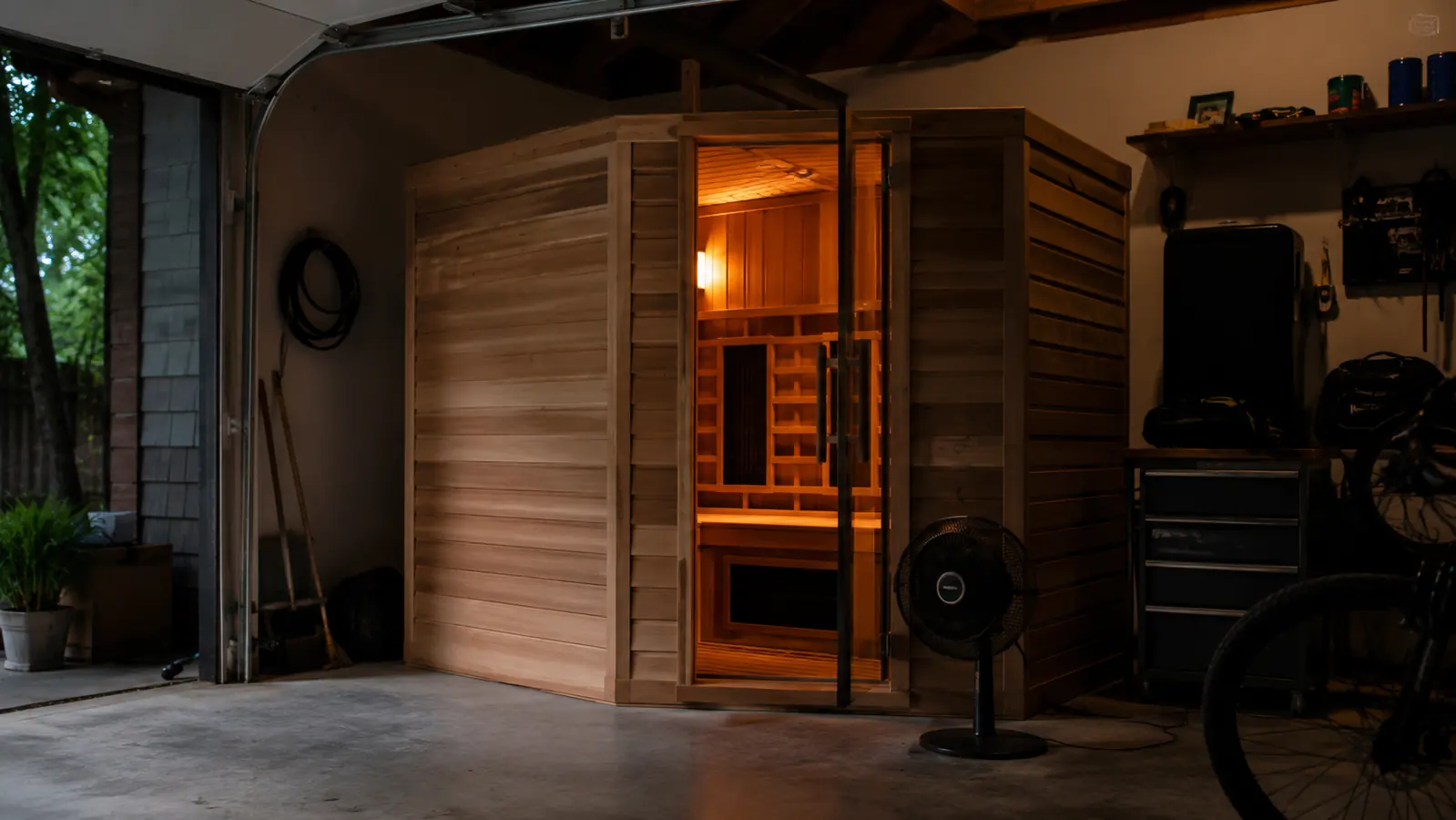 Finished infrared cabin sauna glowing warmly during its first break-in session with the door propped open