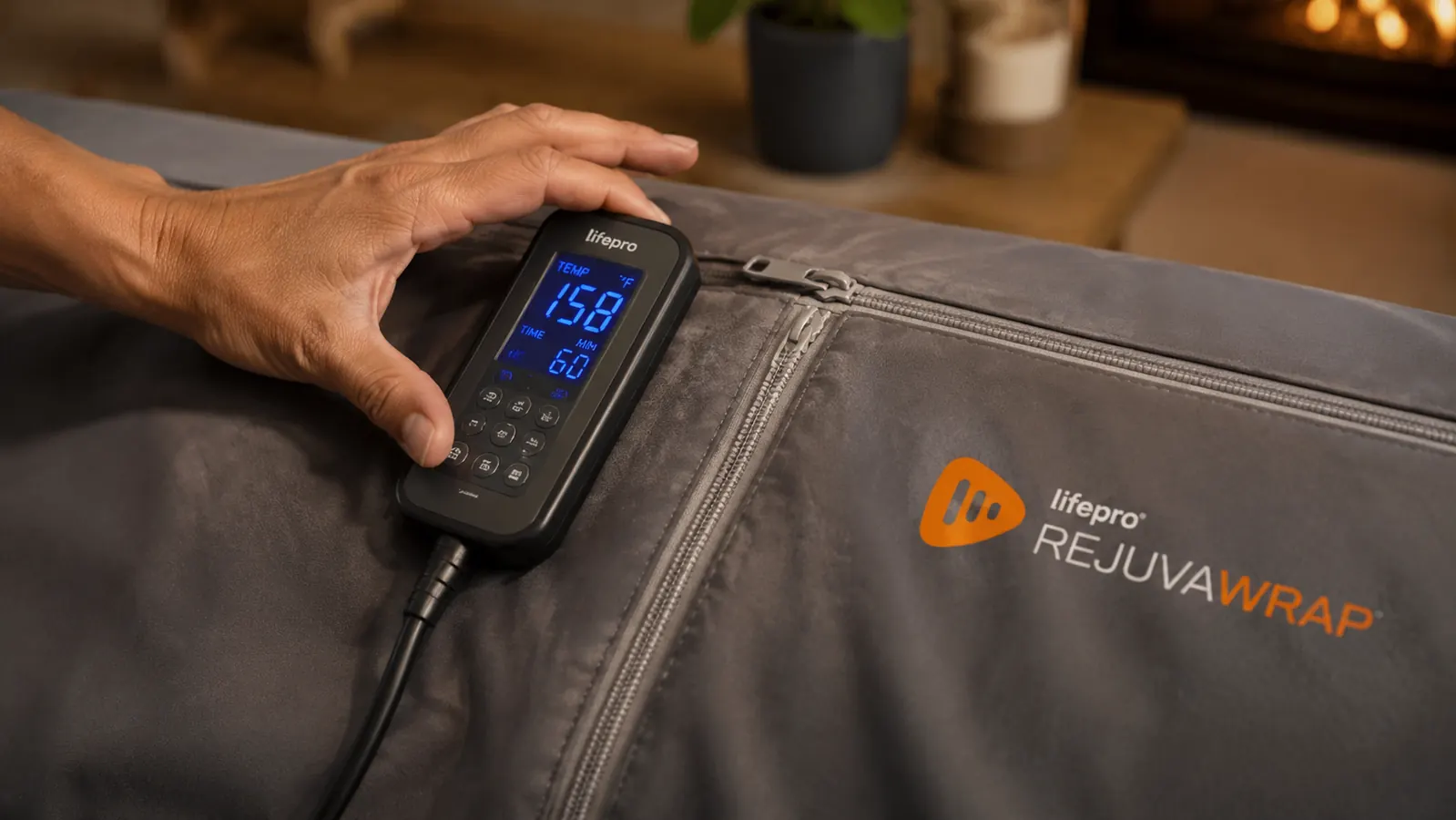 Hand unzipping the neck opening of an infrared sauna blanket to check the internal temperature setting