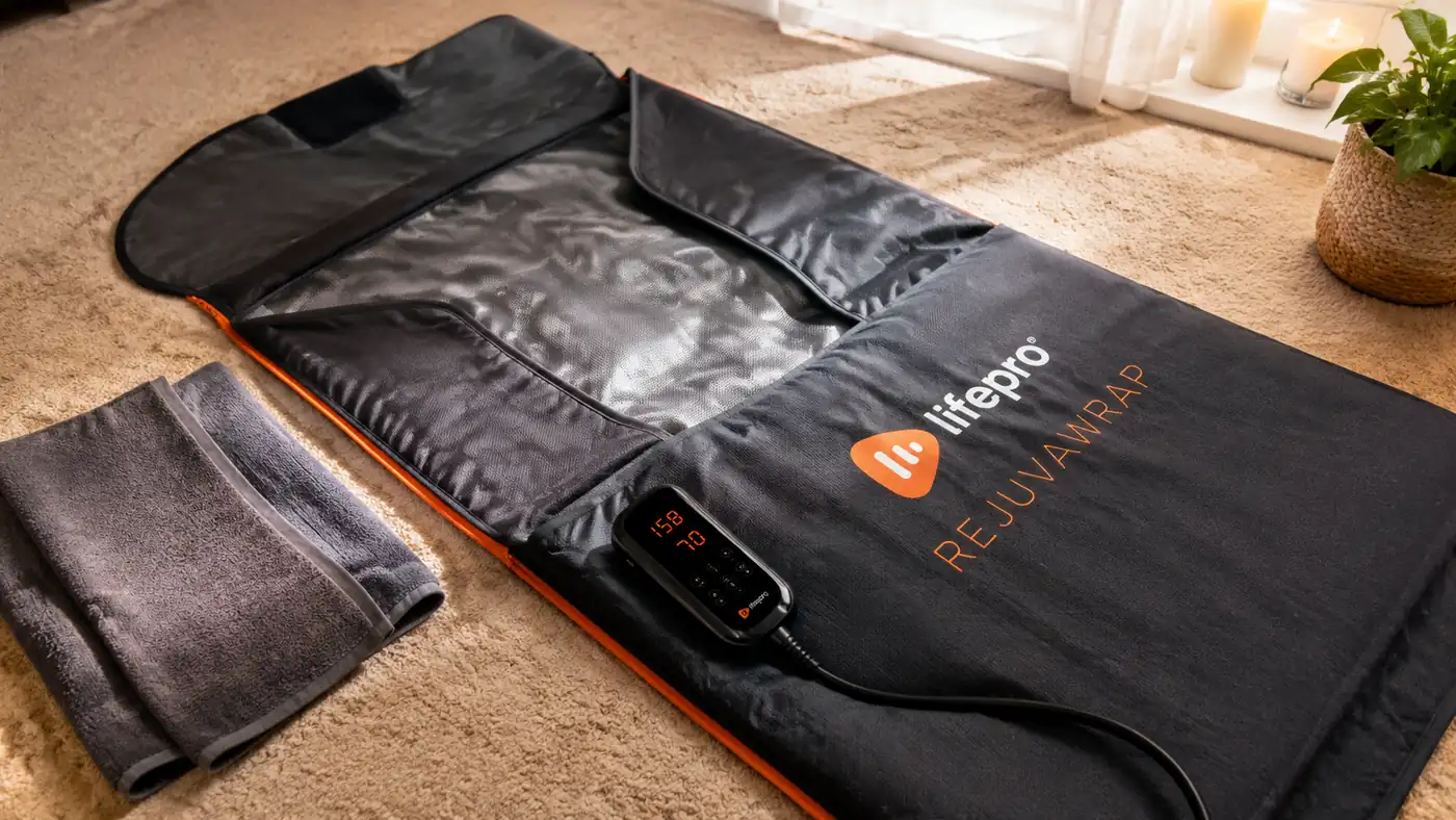 The Lifepro RejuvaWrap infrared sauna blanket unzipped and laid flat on a bedroom floor before use, showing the control panel and zipper