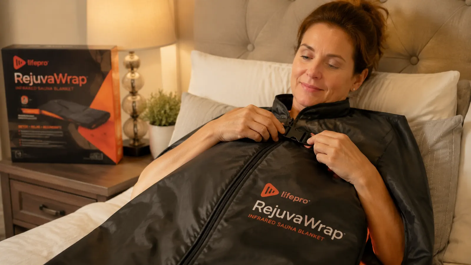 Man zipped into the Lifepro RejuvaWrap up to the chest, one hand clipping the shoulder flap closed