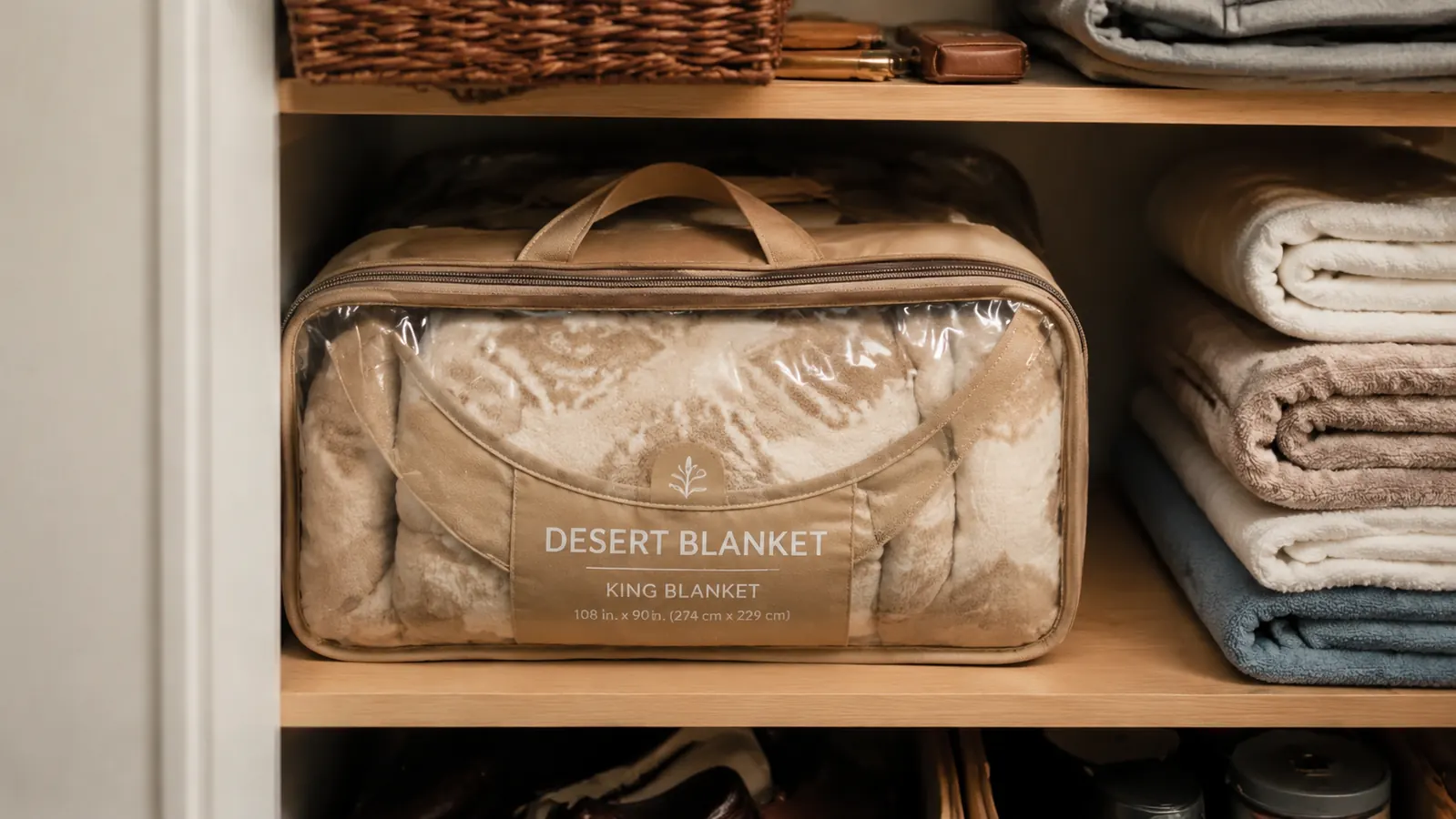 Lifepro RejuvaWrap folded into its carry bag on a closet shelf next to folded bath towels in a Tucson home