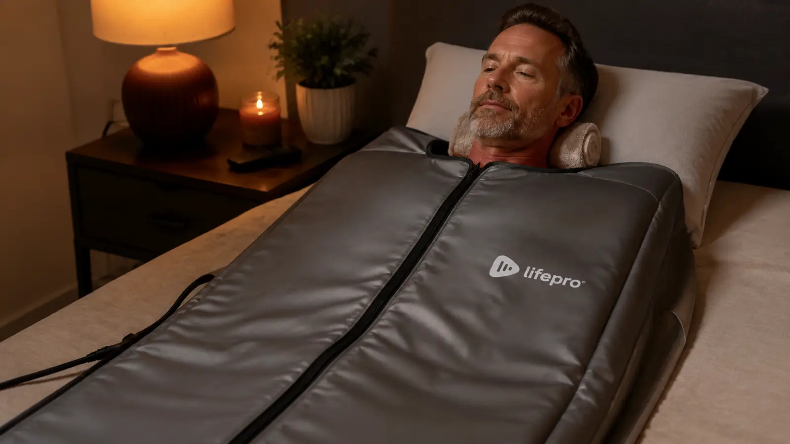 Person zipped into the Lifepro RejuvaWrap up to the shoulders, head resting back on a pillow with eyes closed