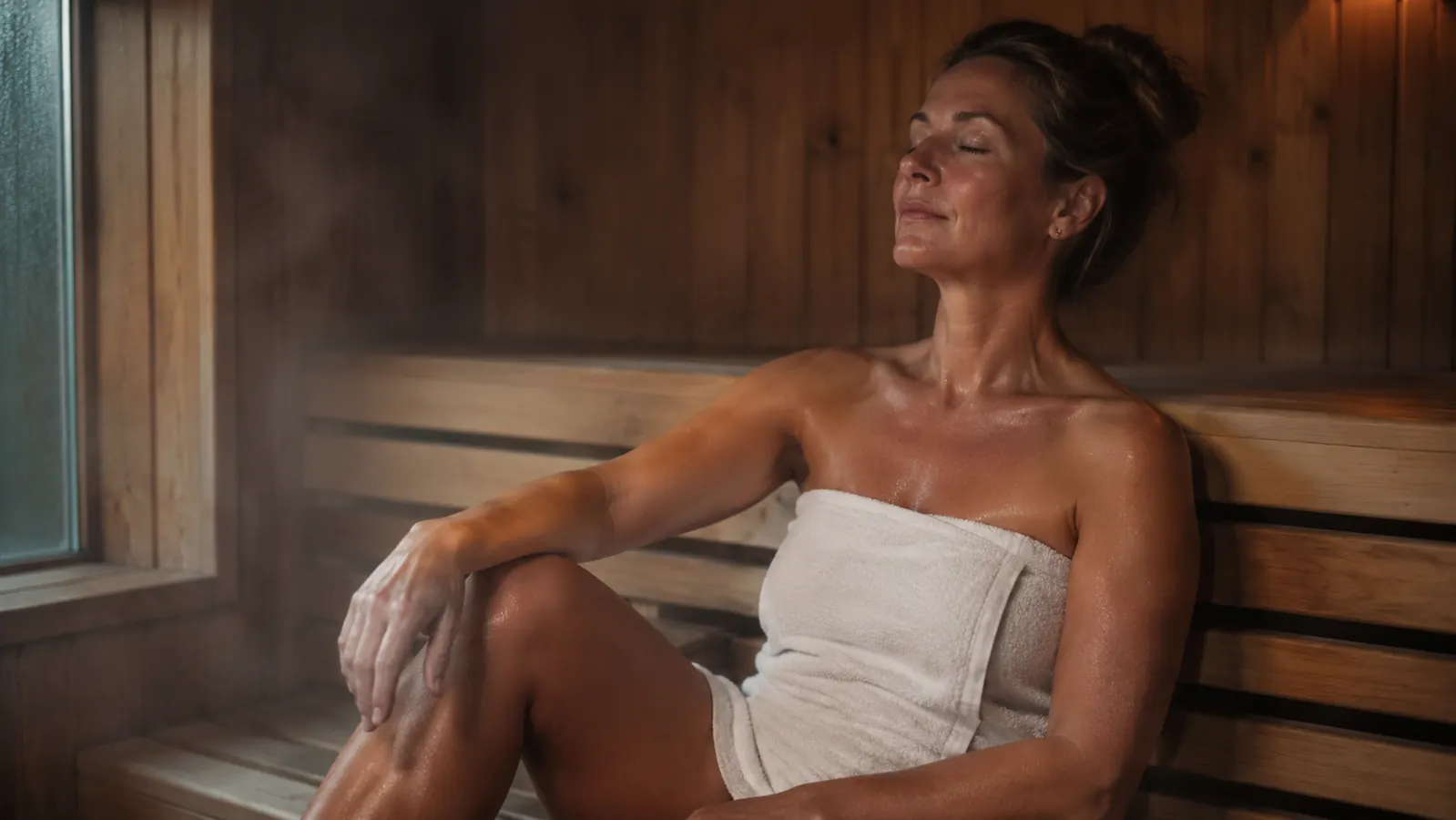Person sitting relaxed on a sauna bench with visible steam and a faint cedar bowl in the background