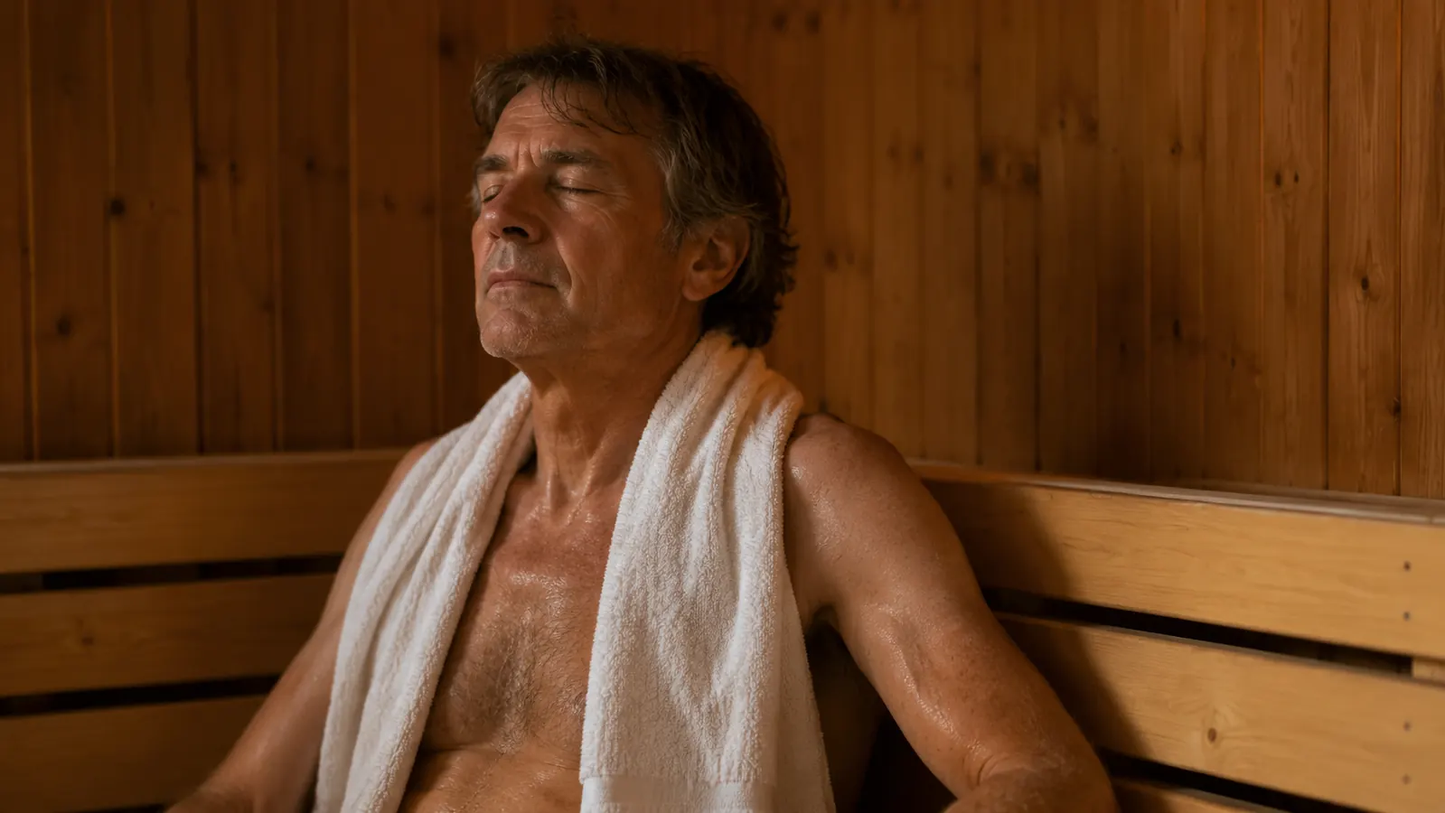 Teenage boy sitting on a sauna bench with his eyes closed, visibly more relaxed than usual