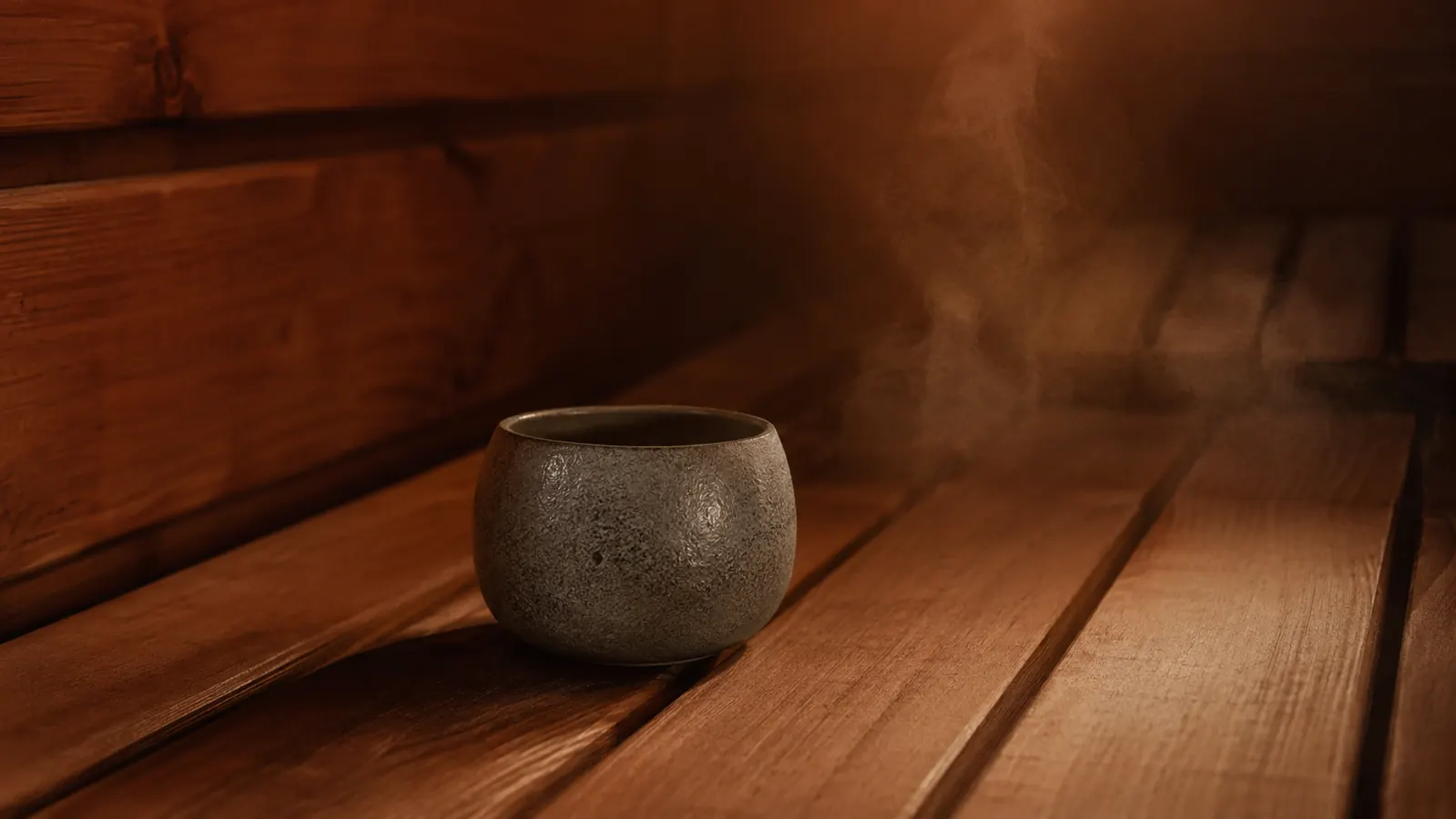 Stone aromatherapy cup sitting on a sauna bench still warm to the touch after a session has ended