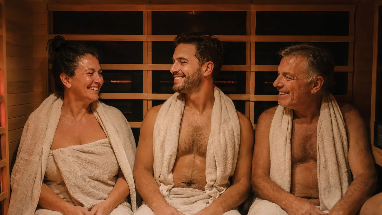 Family of four sitting together in an infrared cabin sauna in the evening