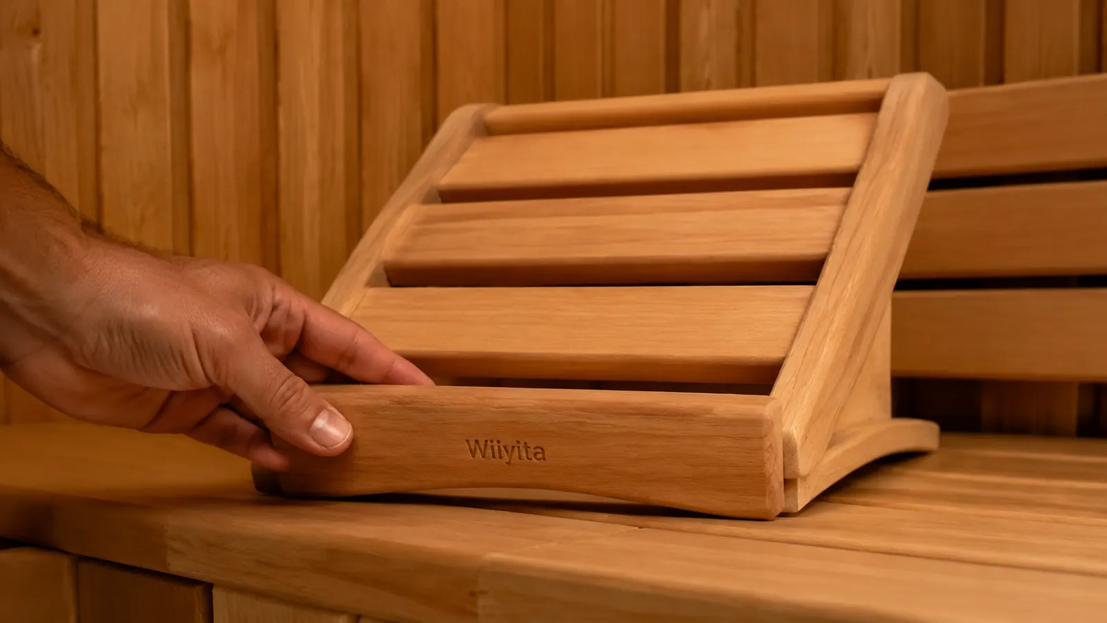 Hand pressing down on one corner of the Wiiyita Sauna Backrest to check for rocking against a flat wooden cabin bench